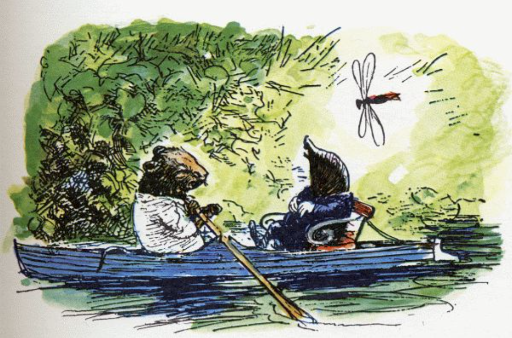 EH Shepherd's illustration of Ratty and Mole in a boat on the river, from Kenneth Grahame's The Wind in the Willows, via the Bodleian Library